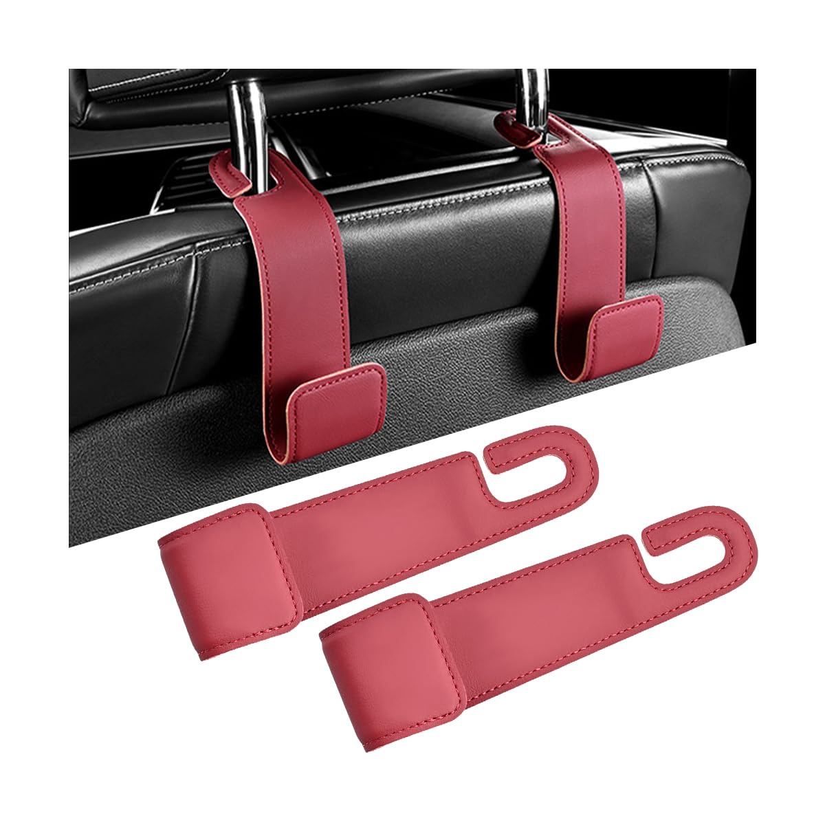 2PCS Car Seat Headrest Hook, Leather Vehicle Seatback Organizer Hanger for Hanging Purses Bags Coats, Auto Seat Back Storage Hook Accessories, Universal for SUV, Sedan, Truck (Black)