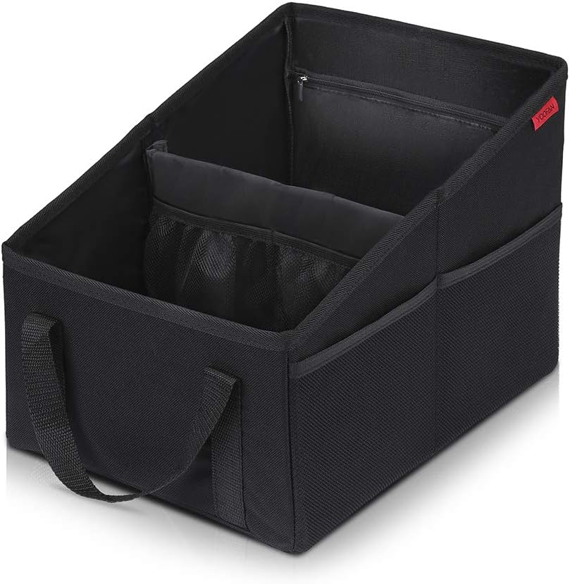 YOOFAN Car Seat Organizer - Passenger Seat Organizer, Collapsible Small Car Seat Storage Organizer for Console Front/Back, Automotive Backseat Organizer with Belt 4 Cup Holders for Kids Accessories