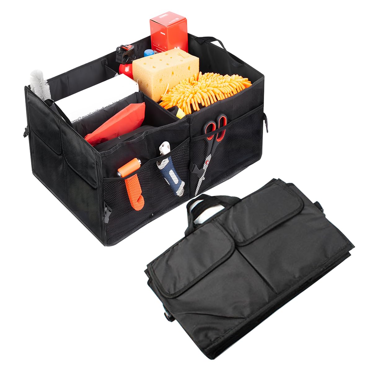 Mandark Car Trunk Organizer, Collapsible Multi Compartment Vehicle Storage Box, Waterproof Adjustable Automotive Organization Container Accessories, Universal for SUV, Sedan, Truck (Black)