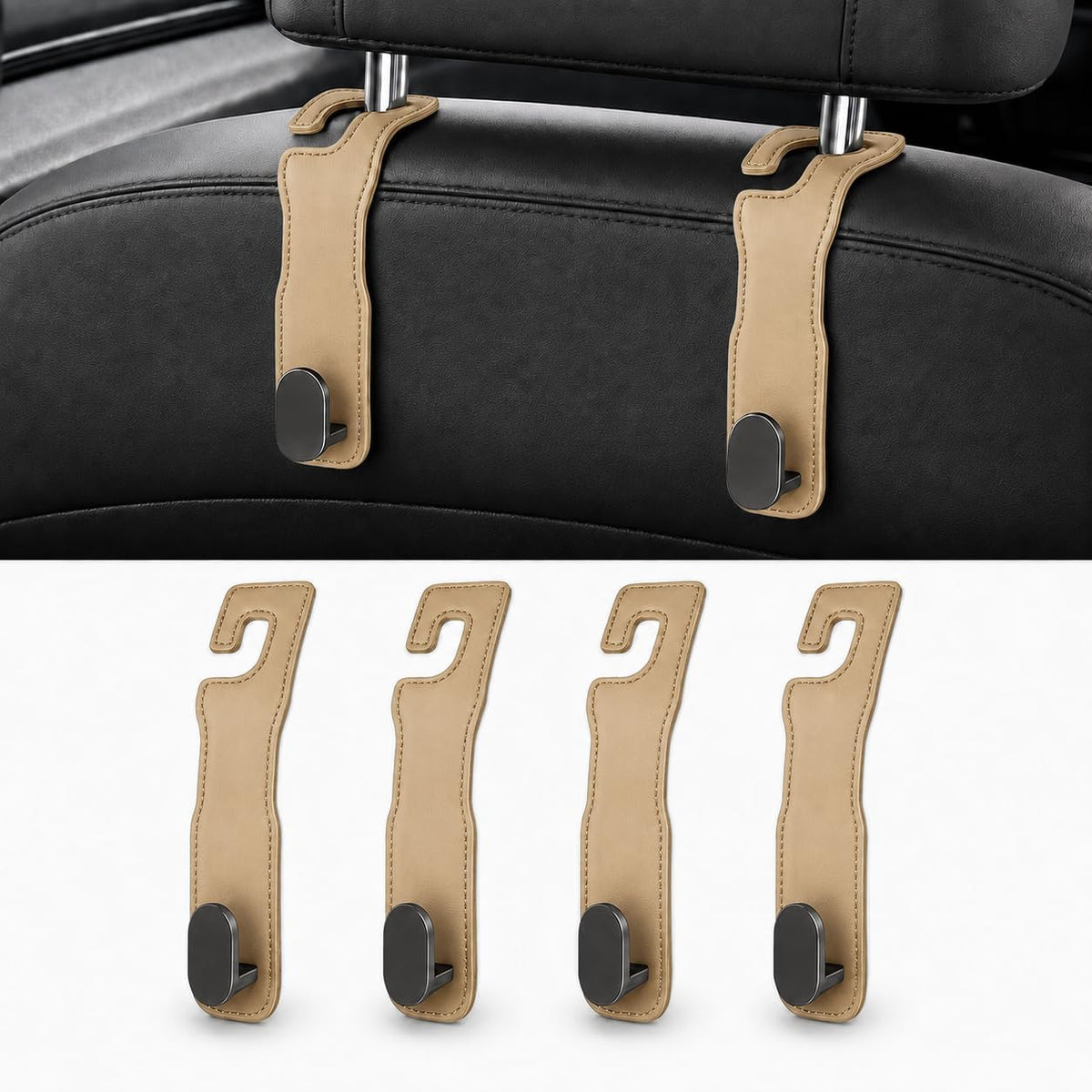 4-Pack Car Seat Hooks for Headrest, PU Leather & Stainless Steel Seat Organizer for Purses, Bags (Holds 44 lbs),Car Seat Hooks Universal Fit for All Cars, Easy Installation