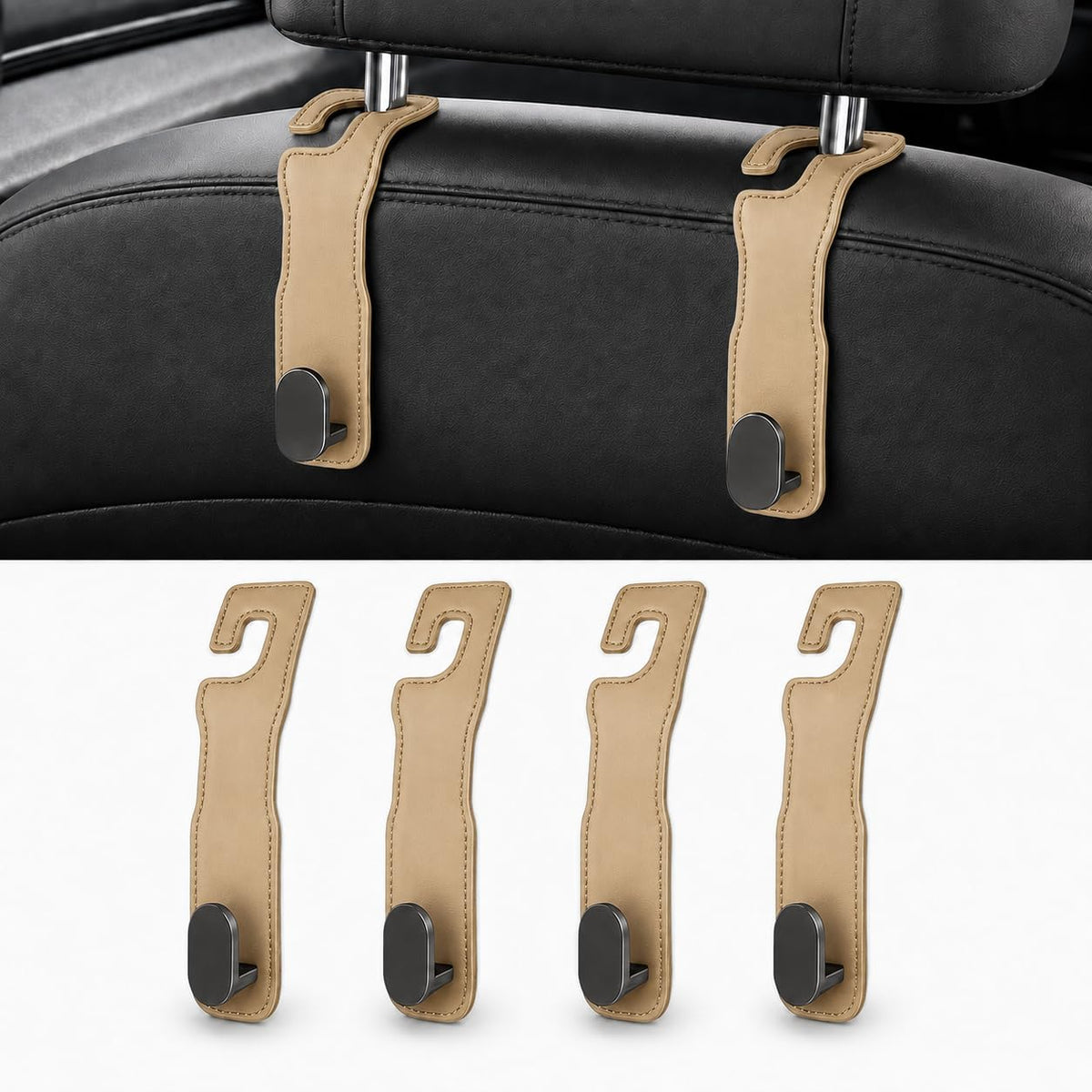 4-Pack Car Seat Hooks for Headrest, PU Leather & Stainless Steel Seat Organizer for Purses, Bags (Holds 44 lbs),Car Seat Hooks Universal Fit for All Cars, Easy Installation