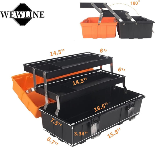 WEWLINE 16.5-Inch Tool Box Organizer 3-Layer Multiplication Plastic Storage Toolbox with Portable Handle Perfect for Home Office Car Trunk Fishing
