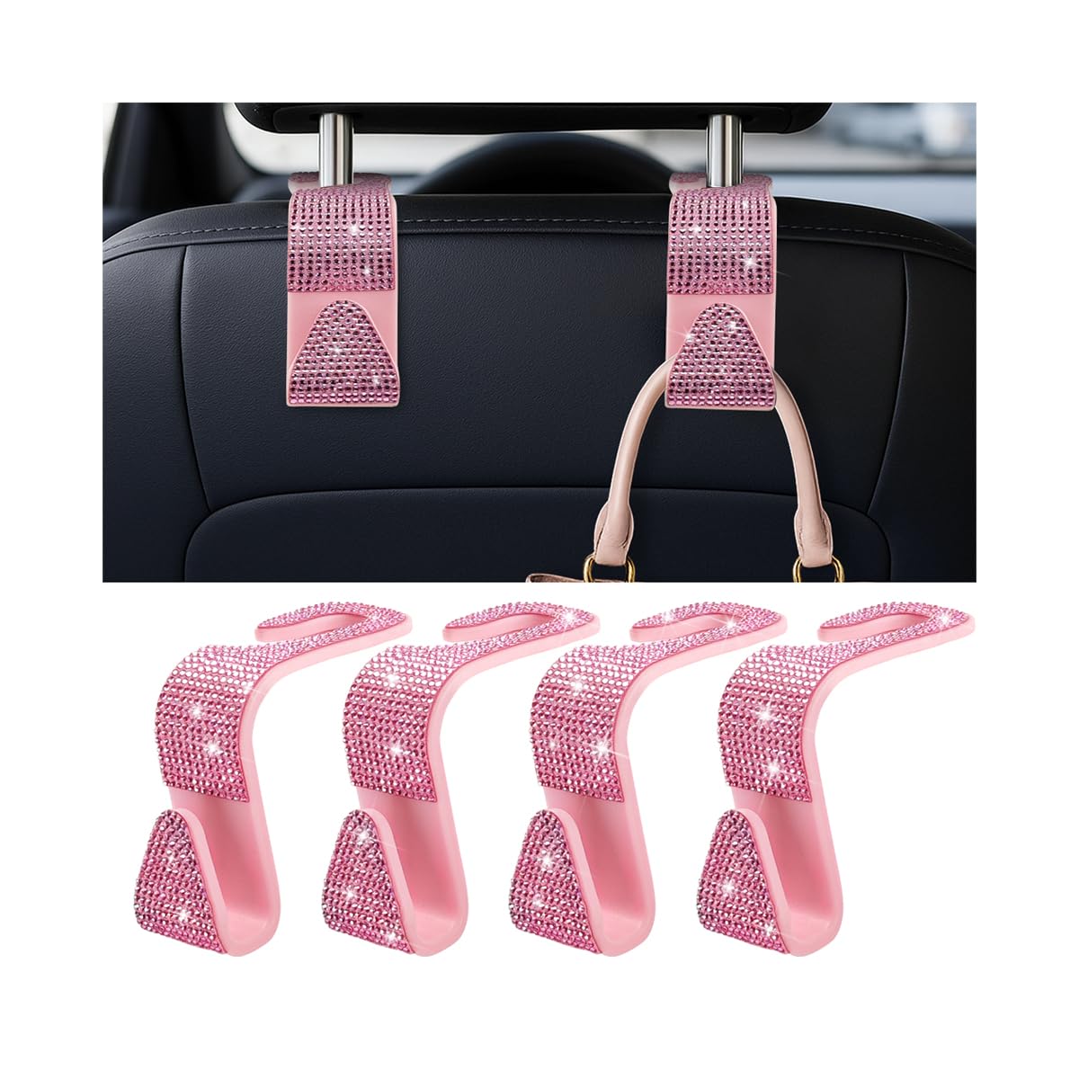 Zpana 4PCS Bling Car Seat Headrest Hooks, Crystal Rhinestones, Pink