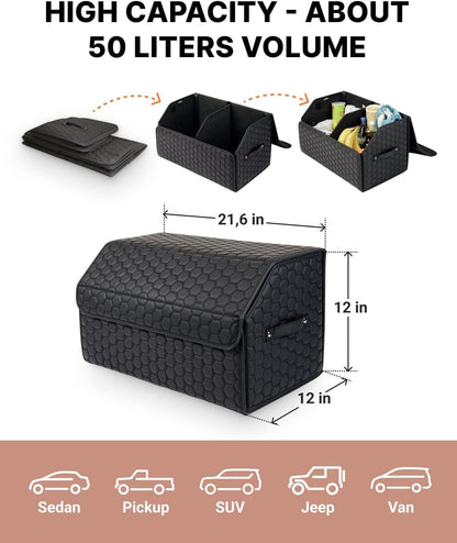 Owleys Trunk Organizer for Car, Lid, PU Leather, 21.6in 50L, 1pc, Black