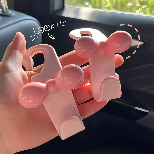 2pcs Bow Car Headrest Hook, Pink Storage Hanger, Interior Organizer Accessory for Vehicle