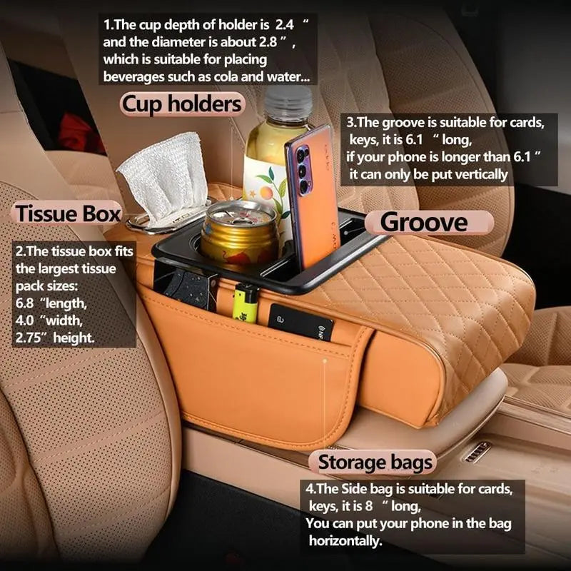 Car Armrest Cushion Center Console Organizer 5-in-1 Car Storage Box with Cup Holder Phone Holder Tissue Box Slot Storage Bags Car Interior Accessories for Sedans