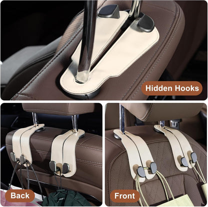 CoBak Purse Hook for Car - Universal Premium Stitched Leather and Aluminum-Magnesium Alloy Double Car Seat Back Storage Hook for Purses, Handbags, Bags (2 Pack),Beige