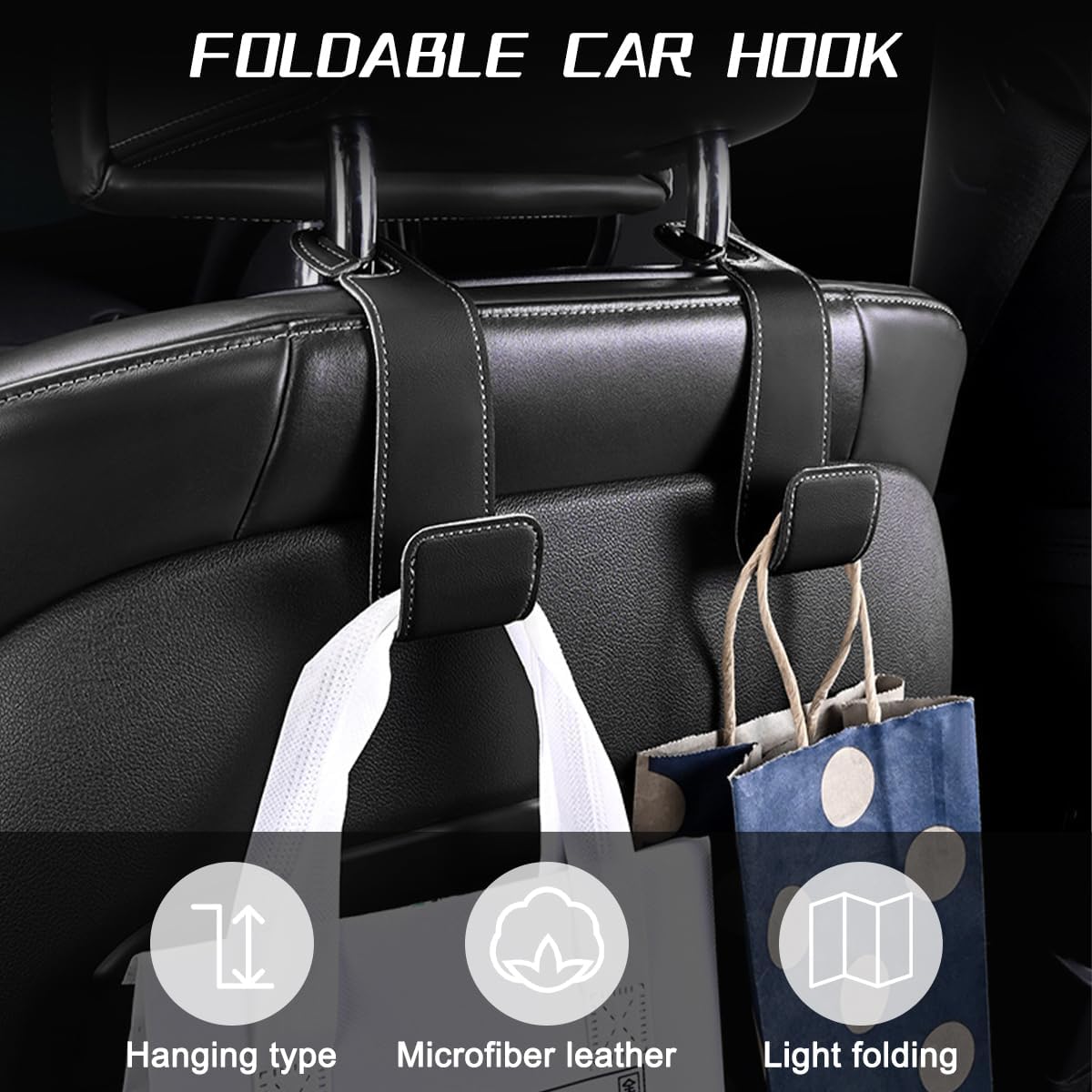2PCS Car Seat Headrest Hook, Leather Vehicle Seatback Organizer Hanger for Hanging Purses Bags Coats, Auto Seat Back Storage Hook Accessories, Universal for SUV, Sedan, Truck (Black)