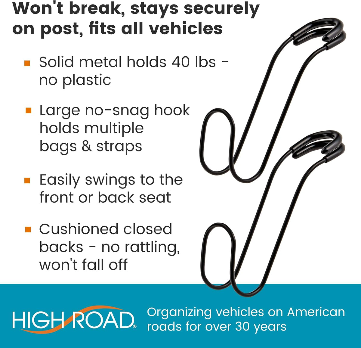 Heavy Duty No-Slip Unbreakable Metal Car Hooks for Purses, Bags and Hats