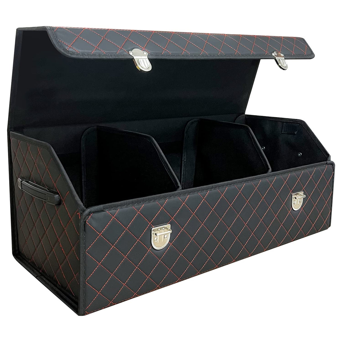 Trunk Organizer for Car With Lid,Foldable Trunk Organizer for SUVs & Sedans,Multi-Functional Leather Storage Box- Black Grid - Small