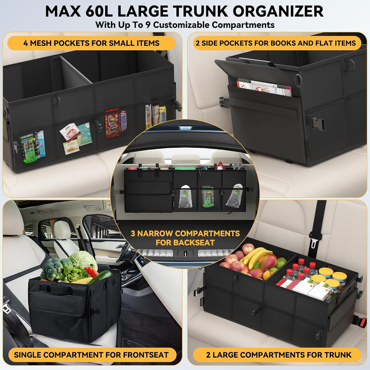 Car Trunk Organizer SUV Collapsible Car Caddy Truck Storage Heavy Duty Oxford Car Grocery Organizer for Cargo Van Jeep Sedan with 2 Large Compartments, 6 Pockets, 4 Adjustable Straps, 2 Handles 60L