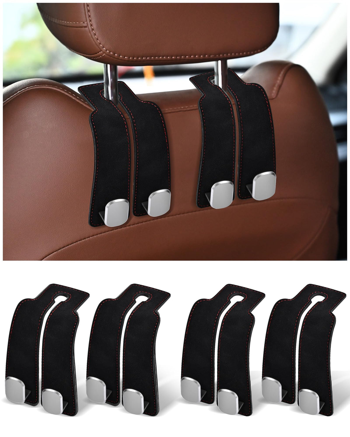 Headrest Hooks for Car, 4 Pack Car Seat Back Organizer Storage Hook, Double Hook Car Seat Hooks for Hanger Purses and Bags, Leather Purse Holder for Car, Grey
