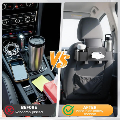 2 Pack Back Seat Car Organizers with Tissue Box and Cup Holders, Balck