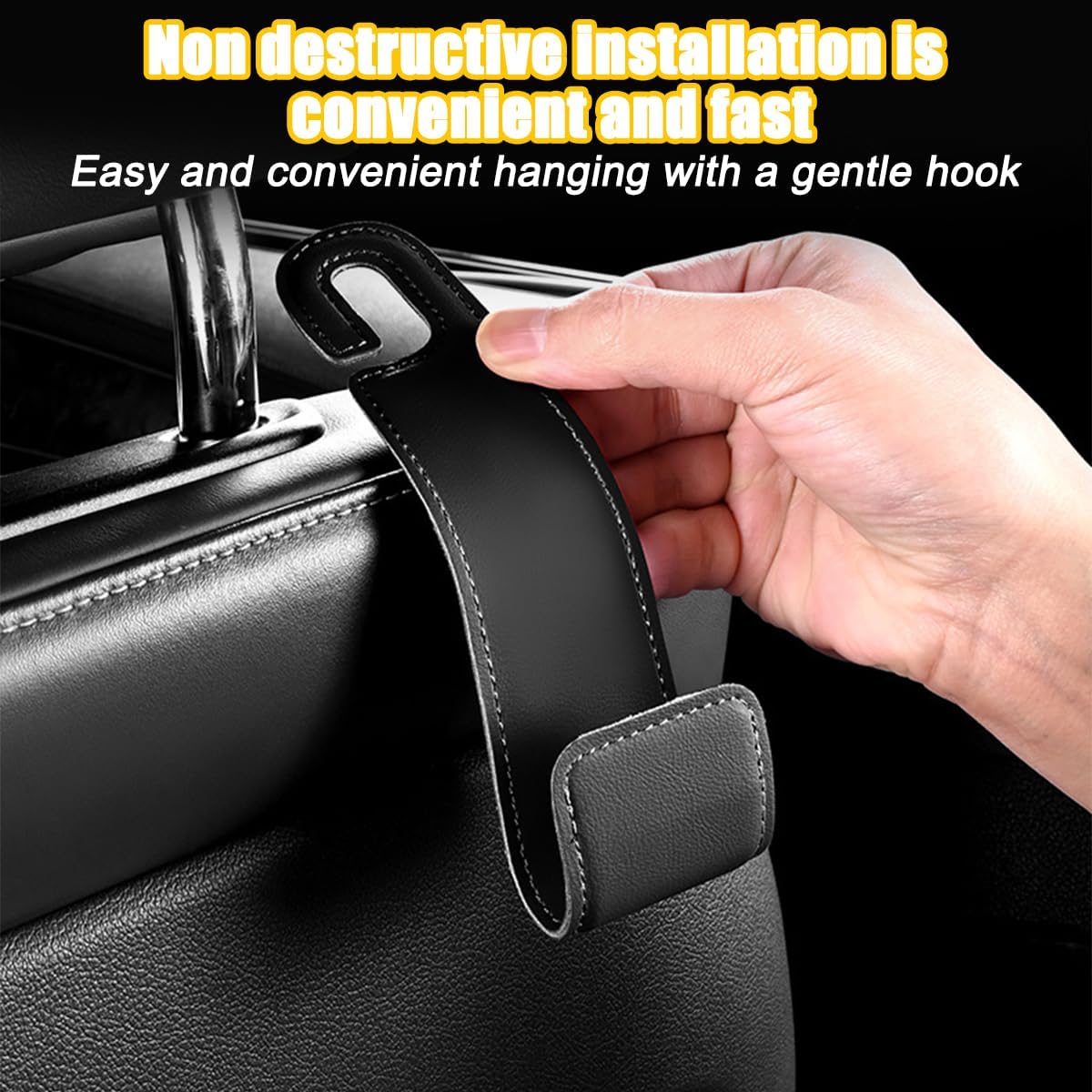 2PCS Car Seat Headrest Hook, Leather Vehicle Seatback Organizer Hanger for Hanging Purses Bags Coats, Auto Seat Back Storage Hook Accessories, Universal for SUV, Sedan, Truck (Black)