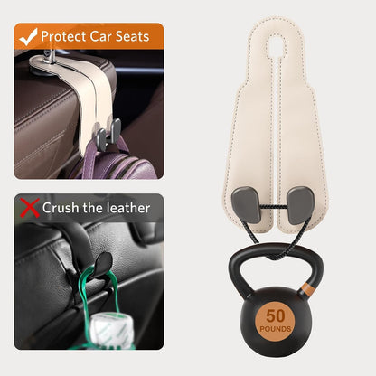 CoBak Purse Hook for Car - Universal Premium Stitched Leather and Aluminum-Magnesium Alloy Double Car Seat Back Storage Hook for Purses, Handbags, Bags (2 Pack),Beige
