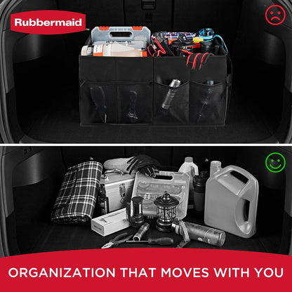 Rubbermaid Car Organizer, Collapsible Trunk Organizer, Multi-Compartment Car Storage Organization for Car Accessories, 2 Compartments-Black