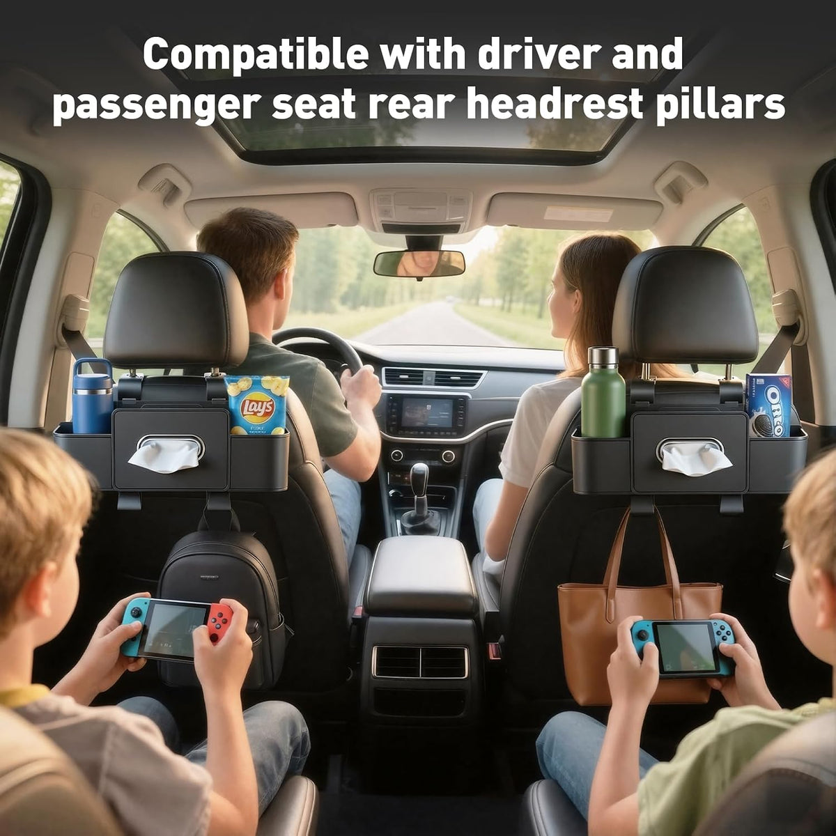 2 Pack Back Seat Car Organizers with Tissue Box and Cup Holders, Balck