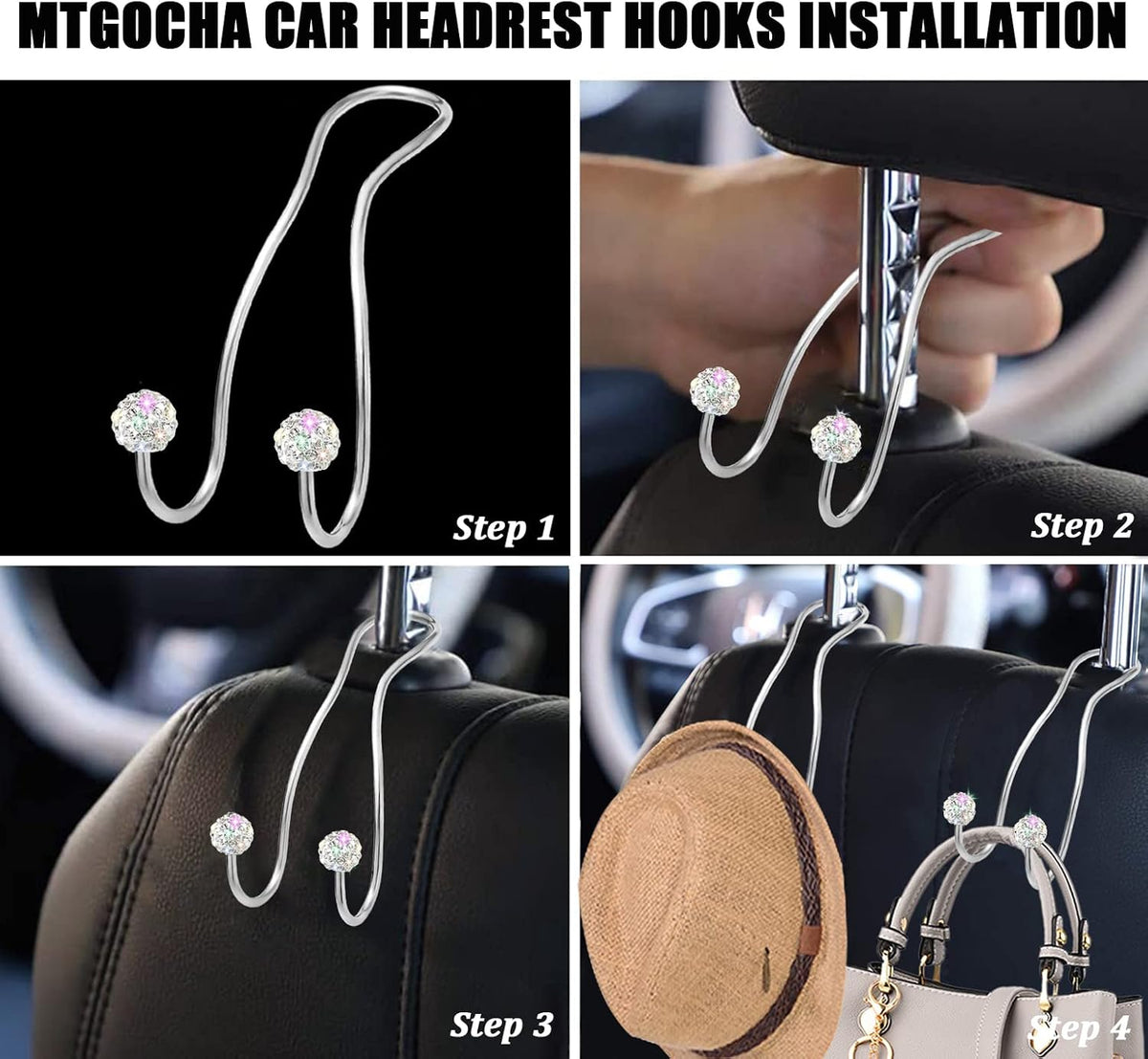 Bling Purse Hook for Car Headrest, Cute Car Seat Hooks (2Pack)