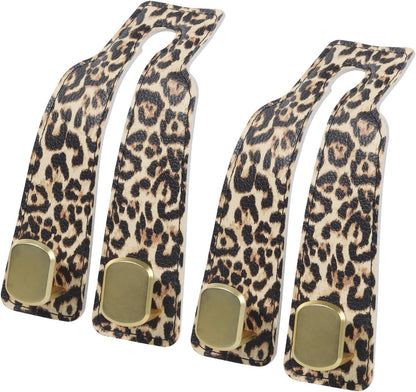 Car Seat Hooks for Headrest, Purse Hook & Back Storage Hook, Zinc Alloy & Leather Material Heavy Duty Car Hooks for Purses and Bags,Universal Fit for Most Vehicles (Leopard-2 Pack)