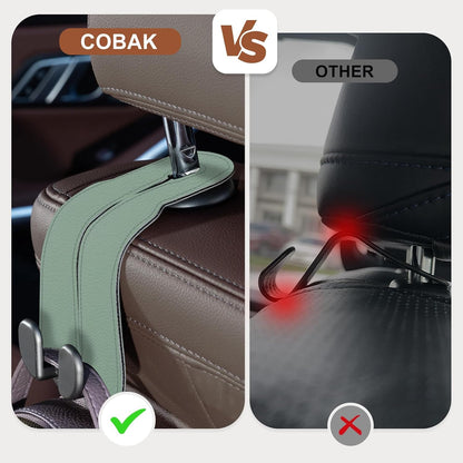 CoBak Purse Hook for Car - Universal Premium Stitched Leather and Aluminum-Magnesium Alloy Double Car Seat Back Storage Hook for Purses, Handbags, Bags (2 Pack),SageGreen