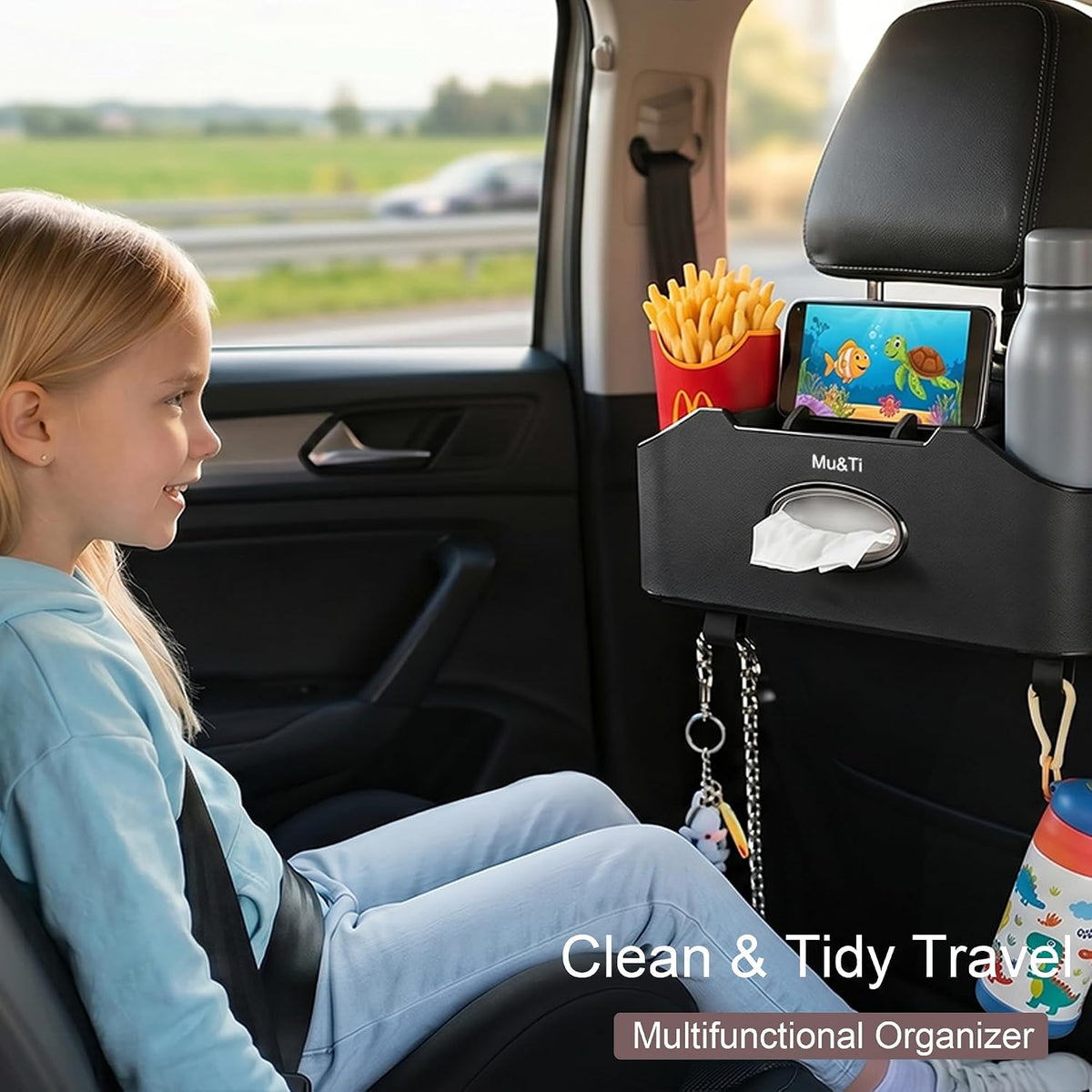 Back Seat Car Organizer with Cup Holders Tissue Box, Phone Stand and Hooks