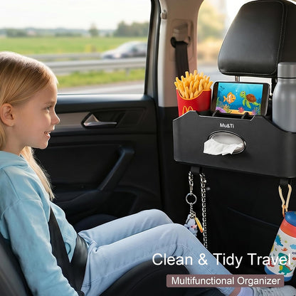Back Seat Car Organizer with Cup Holders Tissue Box, Phone Stand and Hooks