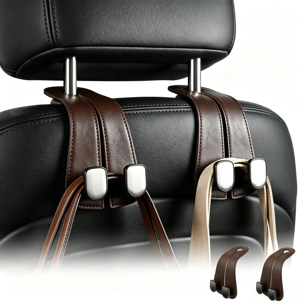 2 Pack Car Purse Hooks, Leather Car Headrest Hooks for Purses & Bags(Black)