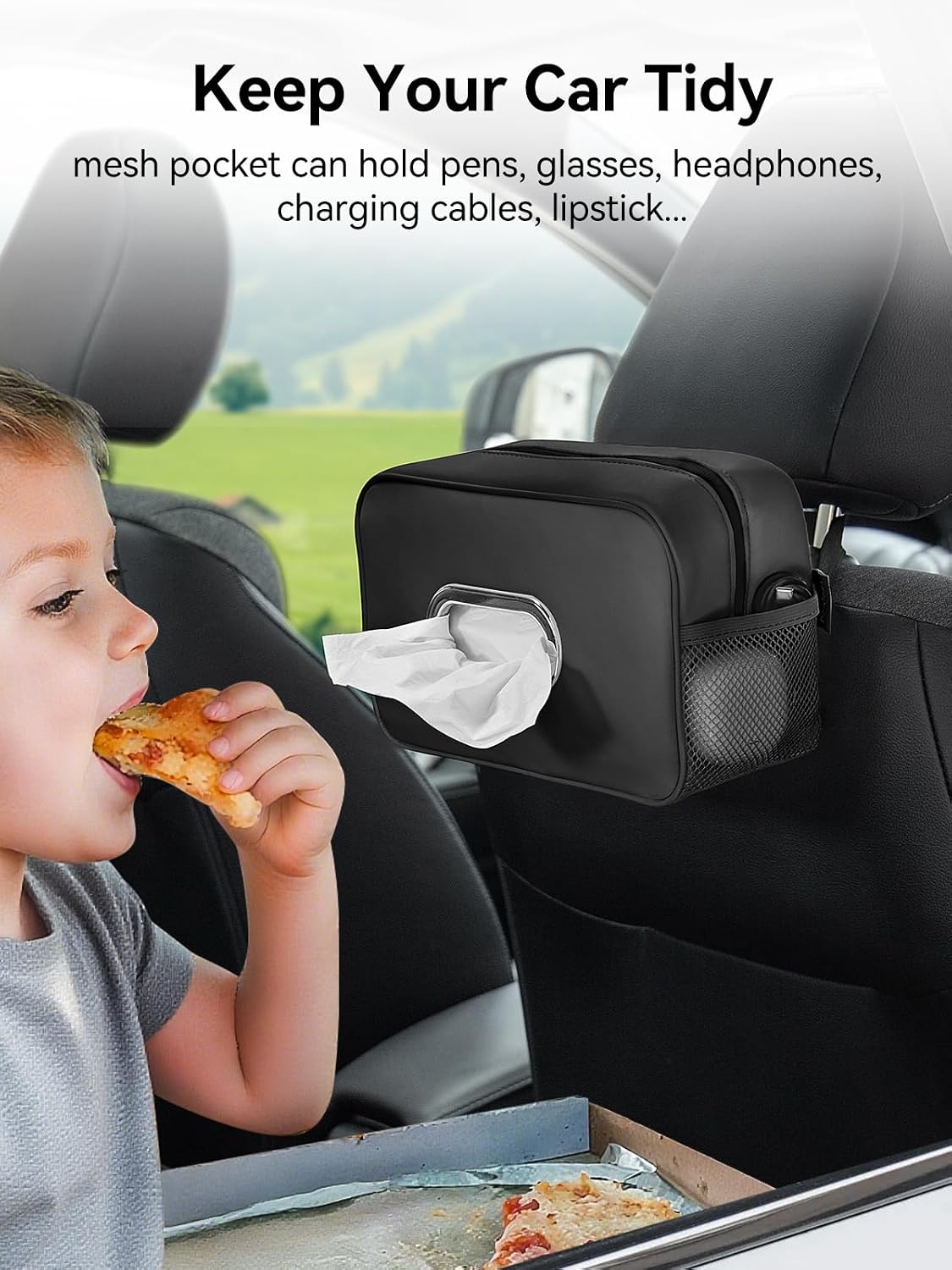 Multi-Functional Car Tissue Holder with ‌2 Storage Nets, Tissue Box Cover