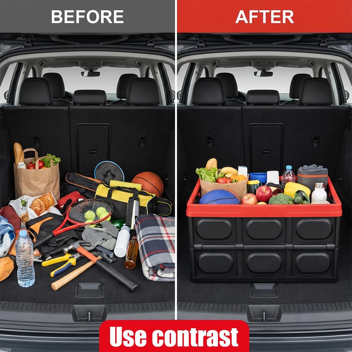 YoRise Car Trunk Organizer, Plastic Waterproof Foldable Car Cargo Storage Box with Lid, Universal Portable Automotive Tool Container Accessories for SUV Truck Sedan (Black)