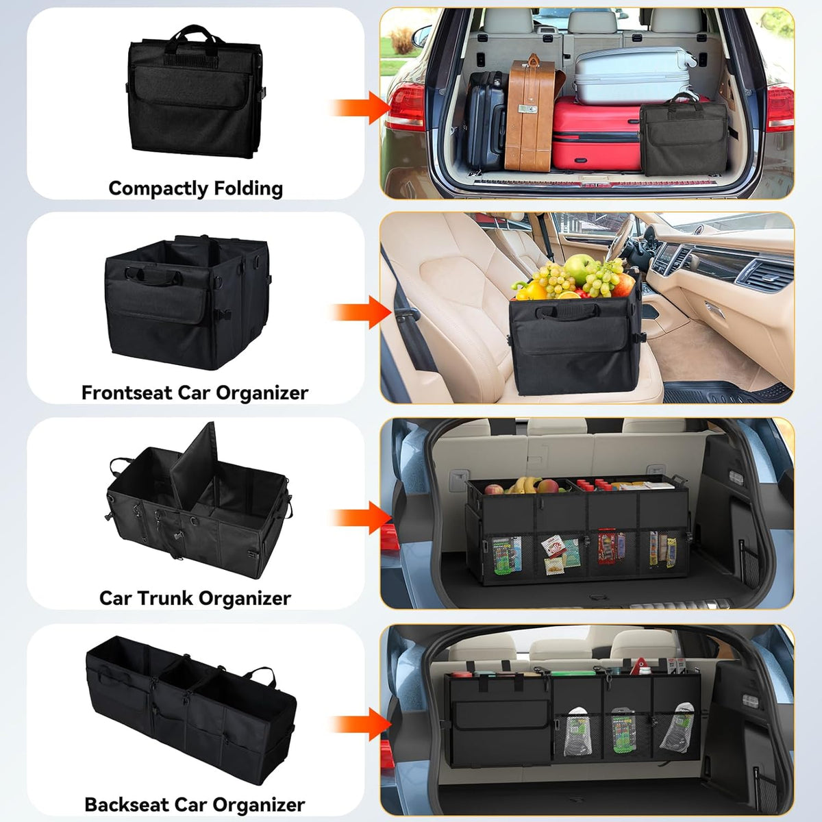 Car Trunk Organizer SUV Collapsible Car Caddy Truck Storage Heavy Duty Oxford Car Grocery Organizer for Cargo Van Jeep Sedan with 2 Large Compartments, 6 Pockets, 4 Adjustable Straps, 2 Handles 60L