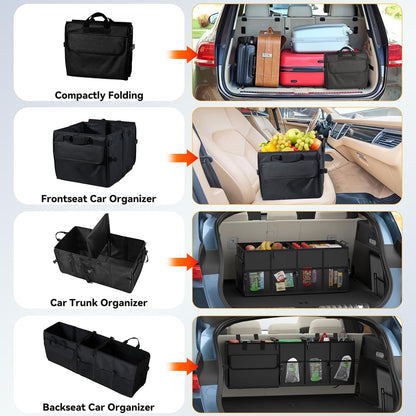 Car Trunk Organizer SUV Collapsible Car Caddy Truck Storage Heavy Duty Oxford Car Grocery Organizer for Cargo Van Jeep Sedan with 2 Large Compartments, 6 Pockets, 4 Adjustable Straps, 2 Handles 60L