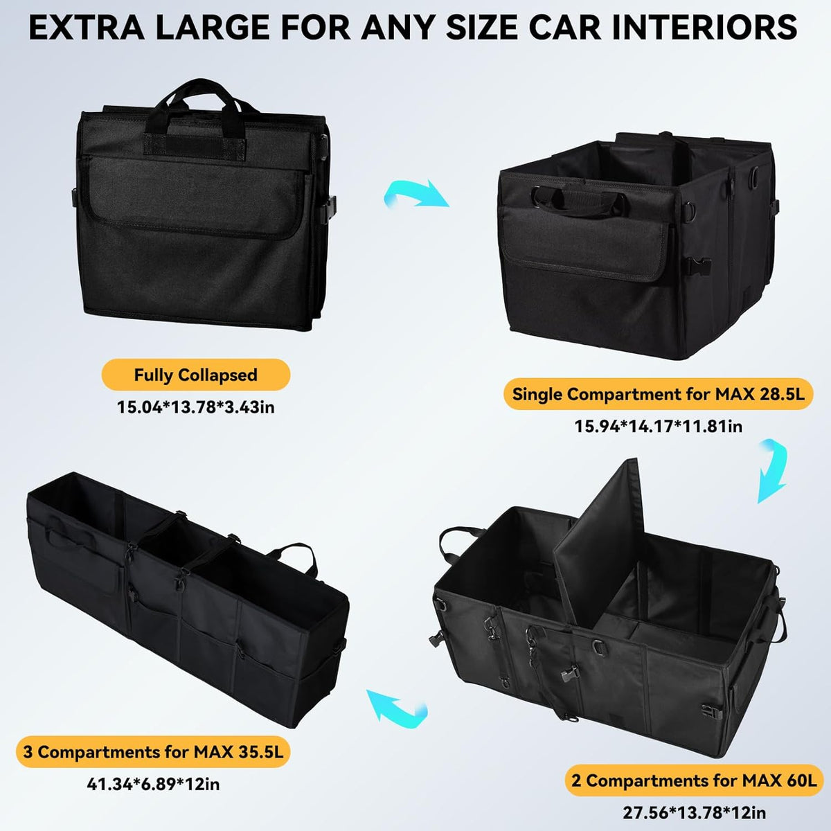 Car Trunk Organizer SUV Collapsible Car Caddy Truck Storage Heavy Duty Oxford Car Grocery Organizer for Cargo Van Jeep Sedan with 2 Large Compartments, 6 Pockets, 4 Adjustable Straps, 2 Handles 60L