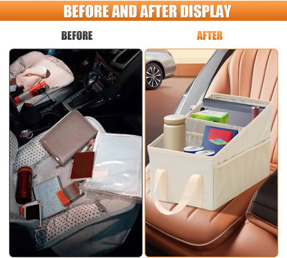 Craedli Car Seat Organizer, Collapsible Trunk Organizer Backseat Car Storage Box with 2 Compartments and Multiple Pockets, Passenger Seat Organizer with Handles for Front/Back Consoles (Beige)