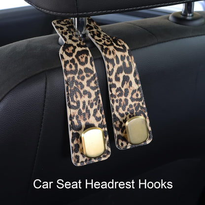 Car Seat Hooks for Headrest, Purse Hook & Back Storage Hook, Zinc Alloy & Leather Material Heavy Duty Car Hooks for Purses and Bags,Universal Fit for Most Vehicles (Leopard-2 Pack)