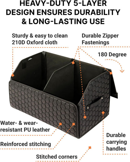 Owleys Trunk Organizer for Car, Lid, PU Leather, 21.6in 50L, 1pc, Black