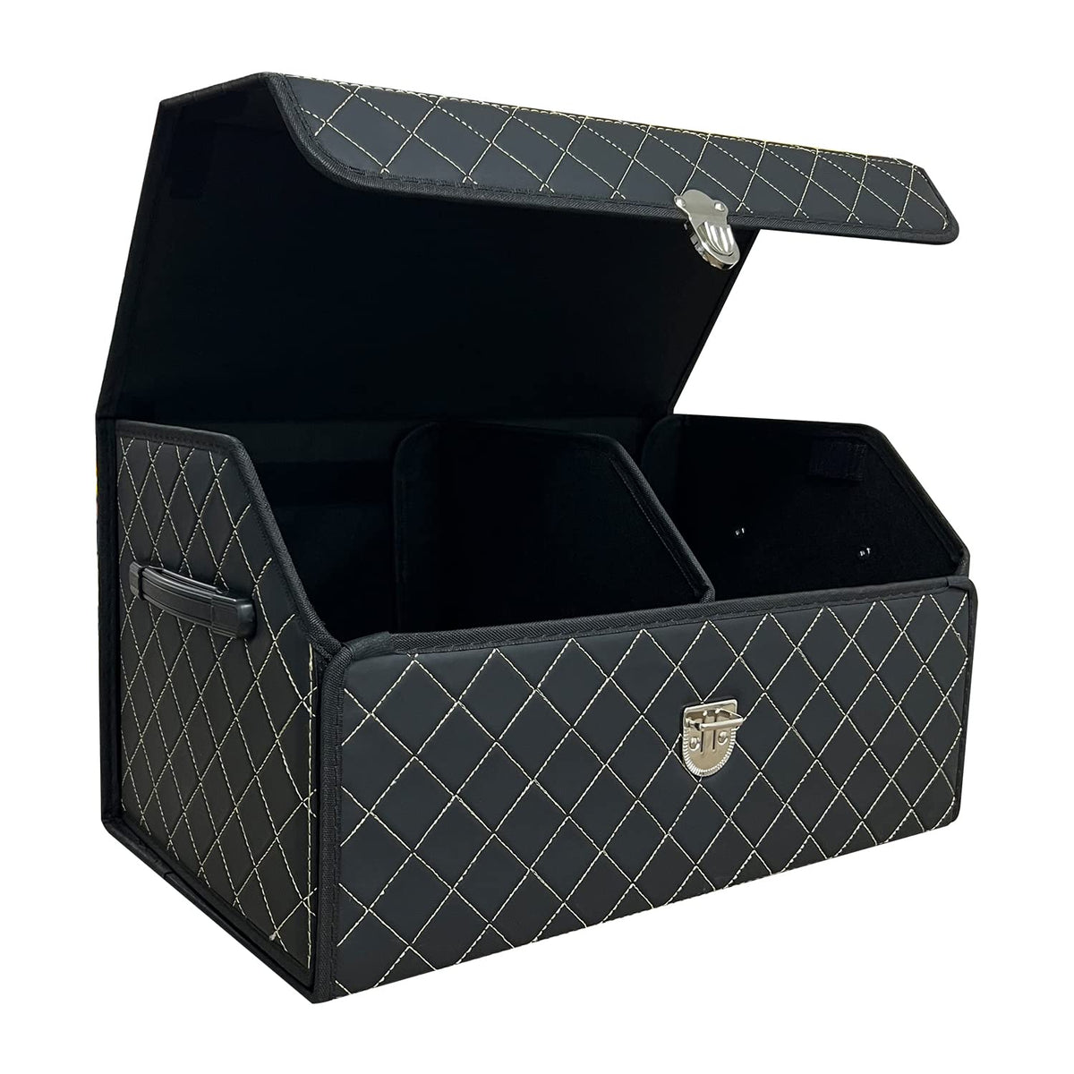 Trunk Organizer for Car With Lid,Foldable Trunk Organizer for SUVs & Sedans,Multi-Functional Leather Storage Box- Black Grid - Small