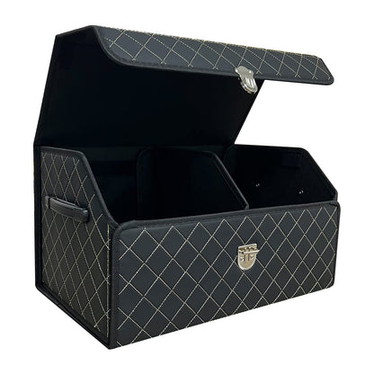Trunk Organizer for Car With Lid,Foldable Trunk Organizer for SUVs & Sedans,Multi-Functional Leather Storage Box- Black Grid - Small