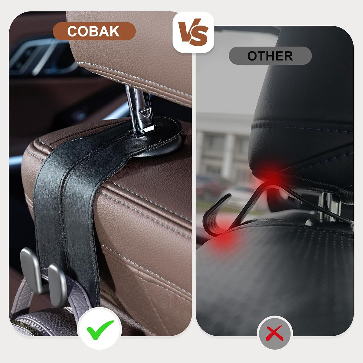 CoBak Purse Hook for Car - Universal Premium Stitched Leather and Aluminum-Magnesium Alloy Double Car Seat Back Storage Hook for Purses, Handbags, Bags (4 Pack),Black