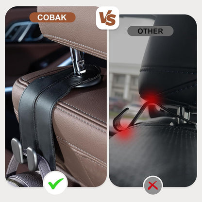 CoBak Purse Hook for Car - Universal Premium Stitched Leather and Aluminum-Magnesium Alloy Double Car Seat Back Storage Hook for Purses, Handbags, Bags (4 Pack),Black