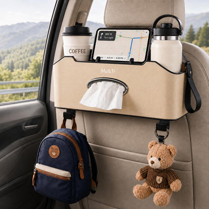 Back Seat Car Organizer with Cup Holders Tissue Box, Phone Stand and Hooks