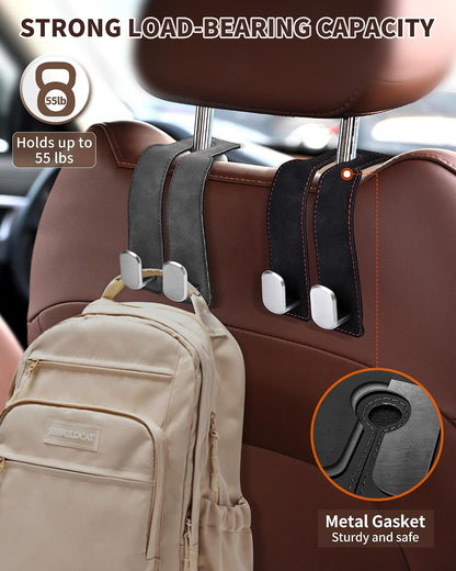 Headrest Hooks for Car, 4 Pack Car Seat Back Organizer Storage Hook, Double Hook Car Seat Hooks for Hanger Purses and Bags, Leather Purse Holder for Car, Grey