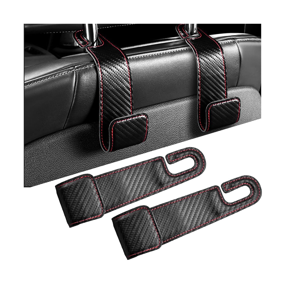 2PCS Car Seat Headrest Hook, Leather Vehicle Seatback Organizer Hanger for Hanging Purses Bags Coats, Auto Seat Back Storage Hook Accessories, Universal for SUV, Sedan, Truck (Black)