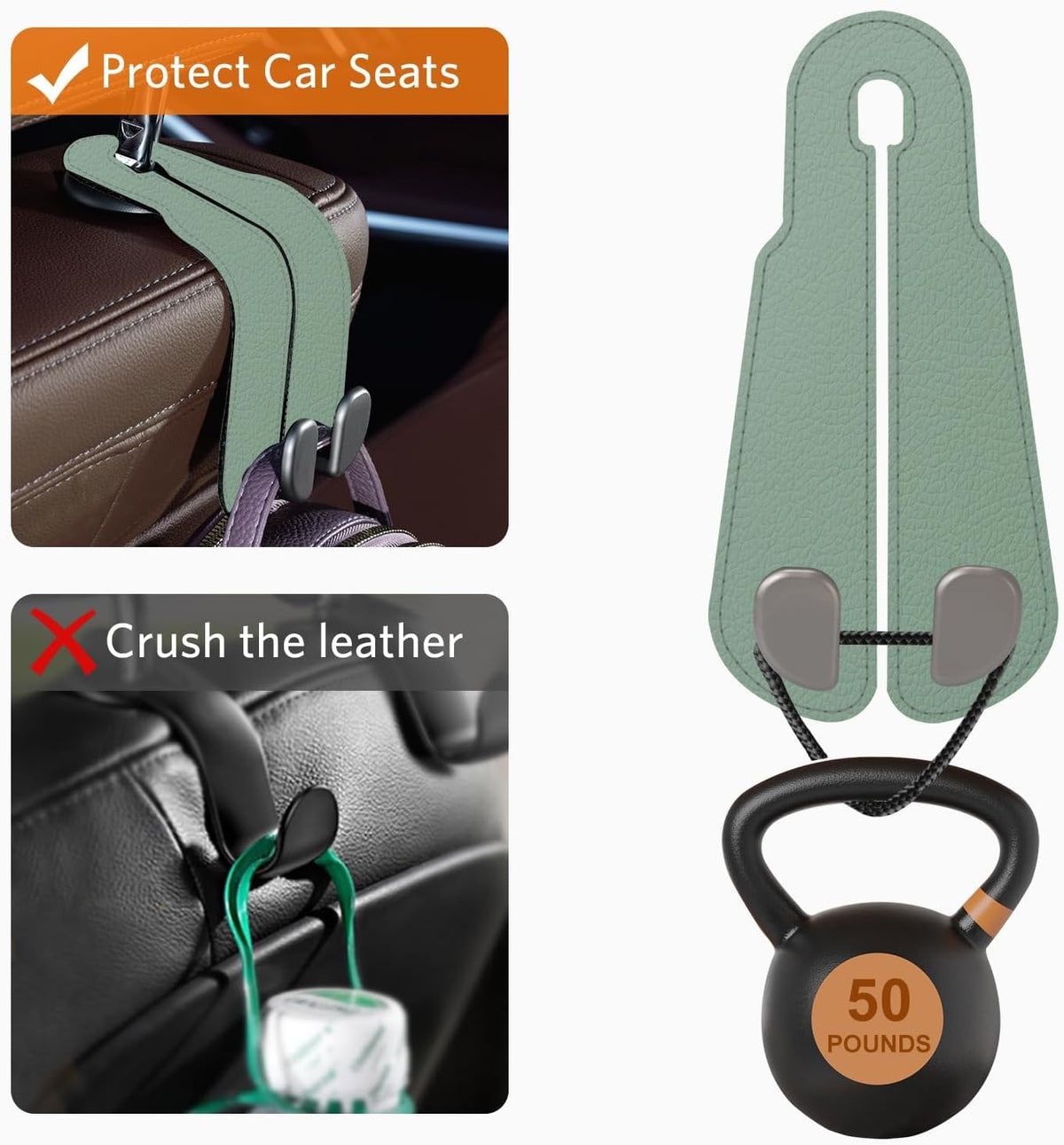 CoBak Purse Hook for Car - Universal Premium Stitched Leather and Aluminum-Magnesium Alloy Double Car Seat Back Storage Hook for Purses, Handbags, Bags (2 Pack),SageGreen