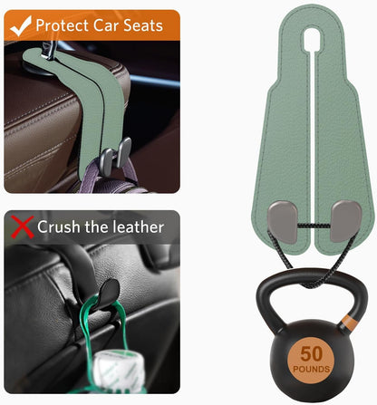 CoBak Purse Hook for Car - Universal Premium Stitched Leather and Aluminum-Magnesium Alloy Double Car Seat Back Storage Hook for Purses, Handbags, Bags (2 Pack),SageGreen