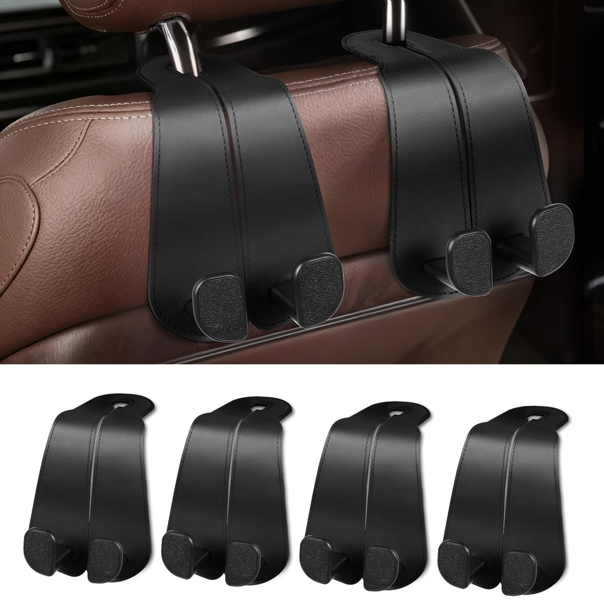CoBak Purse Hook for Car - Universal Premium Stitched Leather and Aluminum-Magnesium Alloy Double Car Seat Back Storage Hook for Purses, Handbags, Bags (2 Pack),Amethyst Purple
