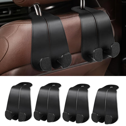 CoBak Purse Hook for Car - Universal Premium Stitched Leather and Aluminum-Magnesium Alloy Double Car Seat Back Storage Hook for Purses, Handbags, Bags (4 Pack),Black