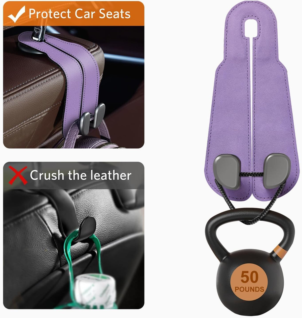 CoBak Purse Hook for Car - Universal Premium Stitched Leather and Aluminum-Magnesium Alloy Double Car Seat Back Storage Hook for Purses, Handbags, Bags (2 Pack),Amethyst Purple