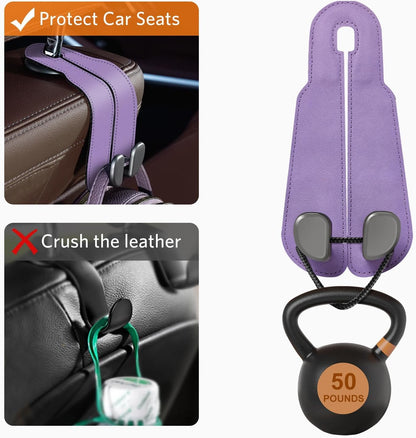 CoBak Purse Hook for Car - Universal Premium Stitched Leather and Aluminum-Magnesium Alloy Double Car Seat Back Storage Hook for Purses, Handbags, Bags (2 Pack),Amethyst Purple