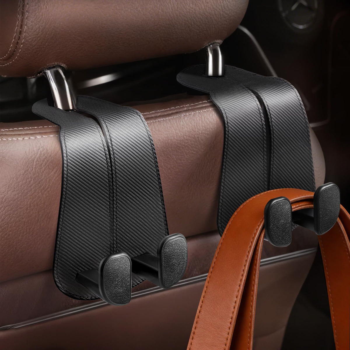 CoBak Purse Hook for Car - Universal Premium Stitched Leather and Aluminum-Magnesium Alloy Double Car Seat Back Storage Hook for Purses, Handbags, Bags (2 Pack),Amethyst Purple