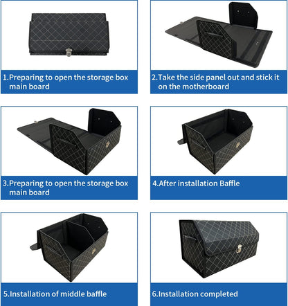 Trunk Organizer for Car With Lid,Foldable Trunk Organizer for SUVs & Sedans,Multi-Functional Leather Storage Box- Black Grid - Small